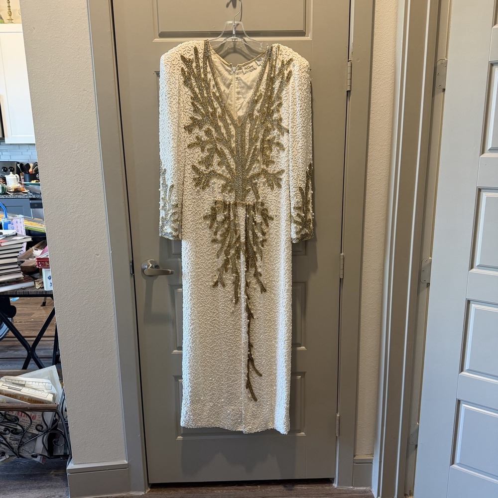 Vtg Oleg Cassini Silk Beaded Gown Ivory Gold Pearl Sequin Formal Dress Size 14